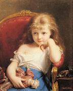 Fritz Zuber-Buhler Young Girl Holding a Doll oil on canvas